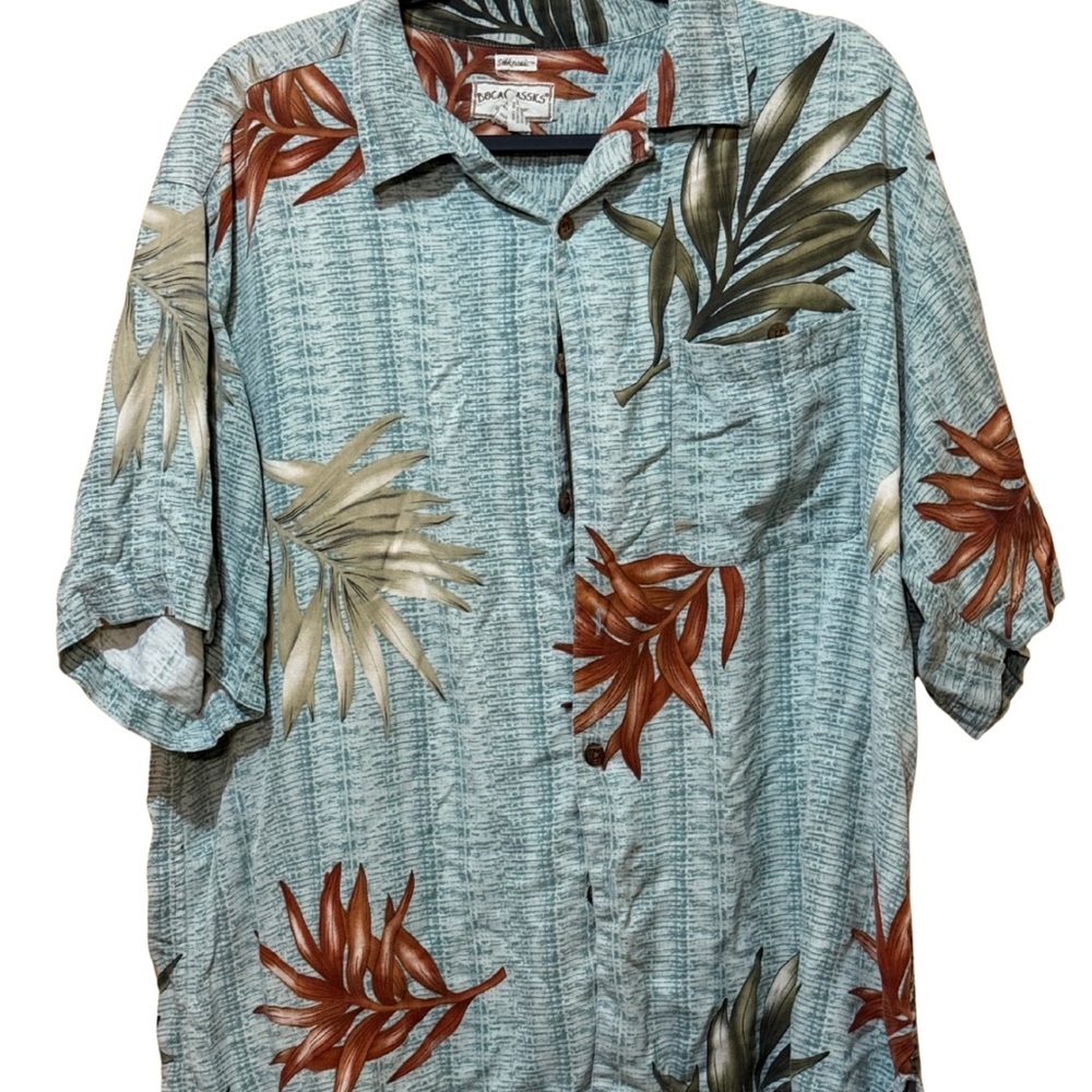 Resort Style Tropical Button Up Shirt Mens XL Silk Blend Palm Print Island Wear